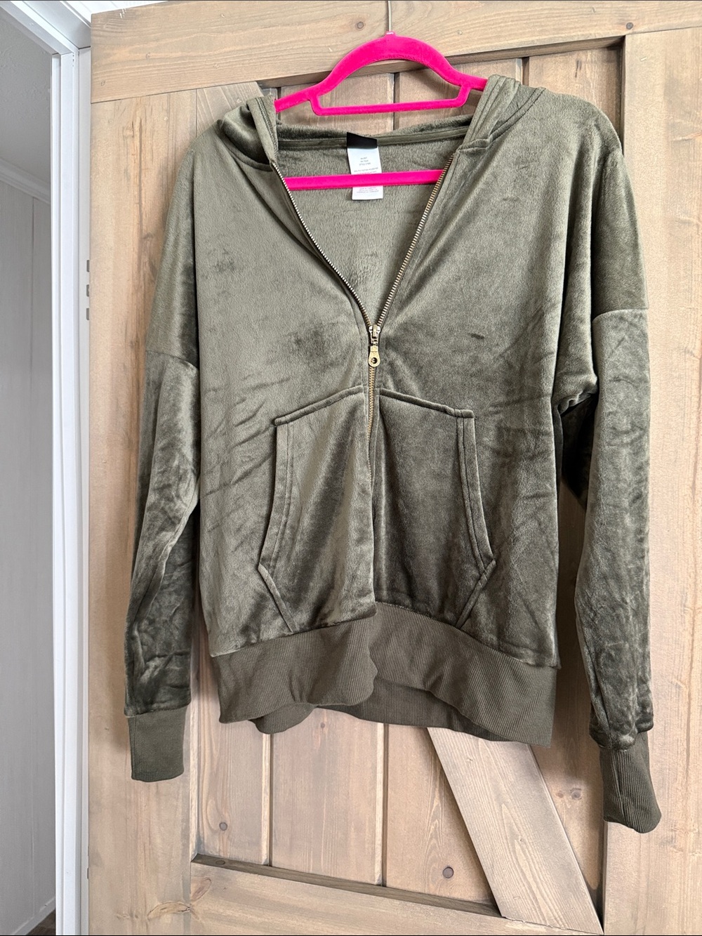 Felina Olive Green Velour Zip-Up Hoodie